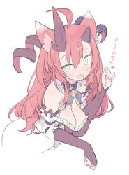 Rule 34 | :d, ahoge, animal ear fluff, animal ears, bell, blade (galaxist), blush, bow, bowtie, breasts, cleavage, curled horns, from side, hair between eyes, horns, large breasts, long hair, looking at viewer, magrona, magrona channel, open mouth, paw pose, red hair, simple background, smile, solo, upper body, virtual youtuber, white background