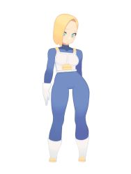 Rule 34 | 1girl, android 18, armor, blonde hair, blue eyes, bodysuit, boots, dragon ball, dragonball z, gloves, highres, hochihochiha