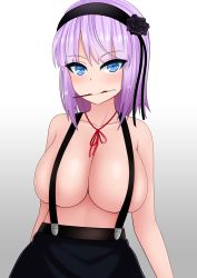 Rule 34 | 1girl, absurdres, arms behind back, blue eyes, blush, breasts, censored nipples, cleavage, collarbone, convenient censoring, dagashi kashi, food, food in mouth, hair ornament, hair ribbon, hairband, highres, large breasts, looking at viewer, naked suspenders, pocky, purple hair, ribbon, shidare hotaru, short hair, simple background, skirt, solo, suspenders, the only shoe, topless