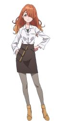 Rule 34 | 1girl, brown eyes, brown footwear, brown hair, brown pantyhose, brown skirt, closed mouth, collared shirt, colored tips, dress shirt, full body, hair ornament, hair over one eye, hairclip, hands on own hips, highres, honami (yoru no kurage wa oyogenai), long hair, looking at viewer, multicolored hair, official art, pantyhose, shirt, shirt tucked in, simple background, skirt, solo, transparent background, white shirt, yoru no kurage wa oyogenai