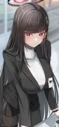 Rule 34 | 1girl, black suit, blue archive, bright pupils, cafenami, formal, highres, long hair, long sleeves, looking at viewer, red eyes, rio (blue archive), solo, suit, white pupils