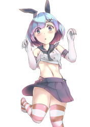 Rule 34 | 10s, 1girl, bad id, bad pixiv id, bare shoulders, black panties, blue eyes, blue hair, blue skirt, blush, breasts, cosplay, crop top, crossover, elbow gloves, eyes visible through hair, gloves, hair ornament, hairband, hairclip, highleg, highleg panties, kantai collection, looking at viewer, medium breasts, midriff, miniskirt, navel, no shoes, open mouth, panties, paw pose, pleated skirt, re:zero kara hajimeru isekai seikatsu, rem (re:zero), shimakaze (kancolle), shimakaze (kancolle) (cosplay), short hair, skirt, solo, standing, standing on one leg, striped clothes, striped thighhighs, thighhighs, thighs, toes, underboob, underwear, white background, white gloves, wht innov, x hair ornament, zettai ryouiki