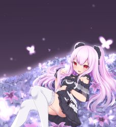 Rule 34 | 1girl, :d, absurdres, bare shoulders, black dress, blush, bug, butterfly, dress, fang, flower, flower bed, garter straps, highres, hololive, huge filesize, insect, klaius, looking at viewer, lying, official alternate costume, on back, open mouth, pink butterfly, pink hair, purple flower, red eyes, skin fang, smile, solo, thighhighs, twintails, uruha rushia, uruha rushia (3rd costume), virtual youtuber, white thighhighs, wristband