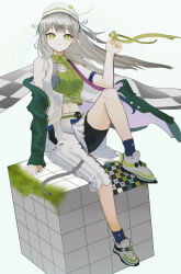 Rule 34 | 1girl, absurdres, aiv, arknights, closed mouth, crop top, fartooth (arknights), fartooth (hear the wind sing) (arknights), green shirt, grey hair, hat, highres, long hair, looking at viewer, navel, official alternate costume, shirt, simple background, sitting, sleeveless, sleeveless shirt, smile, solo, very long hair, white background, white hat, yellow eyes