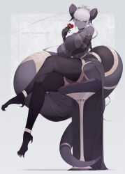 Rule 34 | 1girl, bare shoulders, black horns, box, breasts, cleavage, colored skin, curled horns, dress, grey dress, grey eyes, grey skin, heart-shaped box, highres, horns, ill (ub1mo), joints, large breasts, long hair, looking at viewer, mechanical arms, mechanical legs, original, plunging neckline, robot joints, sideboob, sitting, smile, solo, stool, tail, ub1mo, valentine, white hair