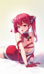 Rule 34 | 1girl, angcha, blush, breasts, detached collar, dress, gloves, heart, highres, hololive, houshou marine, large breasts, looking at viewer, on bed, red eyes, red gloves, red hair, santa dress, solo, twintails, virtual youtuber, yellow eyes