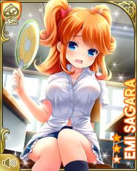 Rule 34 | 1girl, blouse, blue bow, blue eyes, book, bow, breasts, card, character name, classroom, cleavage, desk, fanning, girlfriend (kari), hair ornament, holding, indoors, large breasts, looking at viewer, multiple boys, multiple girls, navel, official art, open mouth, orange hair, pen, plaid, plaid skirt, qp:flapper, red bow, sagara emi, school uniform, shirt, sitting, skirt, solo, sweat, tagme, tired, twintails, white shirt, window