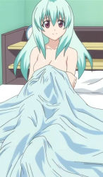 Rule 34 | 00s, 1girl, aqua hair, bed, bed sheet, breasts, cleavage, female focus, green hair, hair between eyes, holding own arm, indoors, large breasts, light smile, long hair, naked sheet, pillow, pink eyes, run elsie jewelria, screencap, shelf, sidelocks, sitting, smile, solo, stitched, third-party edit, to love-ru