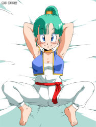 Rule 34 | 1girl, alternate hairstyle, amedama akihito, blue eyes, blush, breasts, bulma, dragon ball, female focus, full body, green hair, looking at viewer, old school academy, smile, solo, spread legs, vest, white background