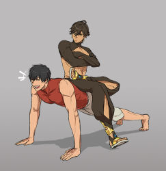 Rule 34 | +++, 2boys, abs, ahoge, arash (fate), baggy pants, bare arms, bare shoulders, barefoot, black hair, brown hair, chimoon, clothing cutout, commentary request, crossed arms, dark-skinned male, dark skin, earrings, exercising, closed eyes, fate/grand order, fate (series), full body, grey background, hair between eyes, jewelry, laughing, crossed legs, looking at another, male focus, multiple boys, open mouth, ozymandias (fate), pants, pectorals, push-ups, red shirt, sandals, shadow, shirt, short hair, shorts, shrug (clothing), simple background, sitting, sitting on person, sleeveless, smile, symbol-only commentary, toned, toned male, white shorts, yellow eyes