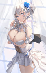 Rule 34 | 1girl, arm garter, bare shoulders, braid, breast hold, breasts, cleavage, covered navel, cowboy shot, demon wings, ear piercing, earrings, facial mark, flower, grey eyes, grey hair, hair flower, hair ornament, hand up, highres, jewelry, kitin, large breasts, long hair, looking at viewer, miniskirt, original, parted lips, piercing, pleated skirt, pointy ears, rose, shirt, skirt, sleeveless, sleeveless shirt, solo, white shirt, white skirt, wings, wrist cuffs