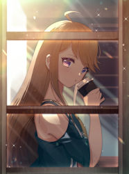 Rule 34 | 1girl, ahoge, bad id, bad pixiv id, black shirt, blonde hair, bra strap, can, from outside, highres, holding, holding can, idolmaster, idolmaster million live!, idolmaster million live! theater days, jugemu (qqkyon), long hair, looking at viewer, off-shoulder shirt, off shoulder, purple eyes, shirt, solo, sparkle, straight hair, sunlight, swept bangs, tokoro megumi, upper body, very long hair