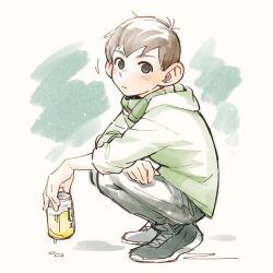 Rule 34 | 1boy, alcohol, beer can, black eyes, black footwear, black pants, blush, brown hair, can, casual, chilchuck tims, closed mouth, commentary, dm kitsune, drink can, dungeon meshi, full body, green hoodie, holding, holding can, hood, hoodie, long sleeves, looking at viewer, male focus, neck warmer, pants, shoes, simple background, sneakers, solo, squatting, symbol-only commentary