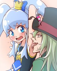 Rule 34 | 10s, 1boy, 1girl, armpits, blue eyes, blue hair, blush, brooch, crown, crying, cure princess, eyelashes, green eyes, green hair, hair ornament, hair ribbon, happinesscharge precure!, hat, heart, heart brooch, jewelry, licking, licking armpit, long hair, namakeruda, ogry ching, open mouth, petite, precure, ribbon, shirayuki hime, shirt, tears, tongue, top hat, twintails, vest, wrist cuffs