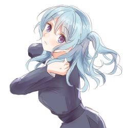 Rule 34 | 1girl, bang dream!, blue hair, formal, hands on own shoulders, highres, light blue hair, long hair, long sleeves, looking at viewer, looking back, matsubara kanon, one side up, purple eyes, simple background, sketch, solo, succhii (pikaru), suit, upper body, white background