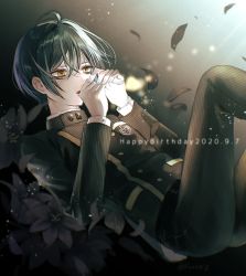 1boy ahoge black_flower black_hair breast_pocket brown_eyes buttons commentary_request danganronpa_(series) danganronpa_v3:_killing_harmony dated double-breasted flower hands_up happy_birthday jacket knee_up light long_sleeves male_focus open_mouth pants petals pocket saihara_shuichi sakuyu short_hair solo striped_clothes striped_jacket striped_pants watermark