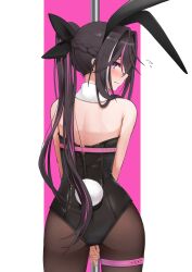 Rule 34 | 1girl, alternate costume, animal ears, ass, azki (hololive), back, bare shoulders, black hair, black pantyhose, blush, braid, closed mouth, commentary request, detached collar, embarrassed, fake animal ears, flying sweatdrops, french braid, highres, hololive, leotard, looking at viewer, looking back, micon, multicolored hair, pantyhose, pink background, pink hair, playboy bunny, purple eyes, rabbit ears, rabbit hole (vocaloid), rabbit tail, solo, strapless, strapless leotard, streaked hair, tail, thigh strap, two-tone background, virtual youtuber, white background, white hair