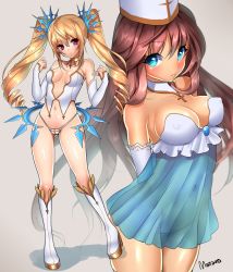 Rule 34 | 2girls, arms behind back, blonde hair, blue eyes, blush, boots, breasts, brown hair, choker, clenched hands, covered erect nipples, detached collar, elbow gloves, gloves, hat, large breasts, long hair, mataro (matarou), medium breasts, multiple girls, navel, no pants, original, red eyes, see-through, smile, twintails