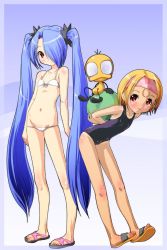 Rule 34 | blonde hair, blue hair, blush, character request, flat chest, headband, navel, red eyes, sandals, source request, swimsuit, twintails