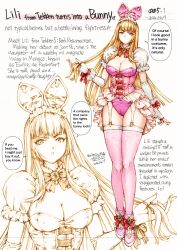 Rule 34 | 1girl, animal ears, blonde hair, blunt bangs, breasts, commission, dated, dress, elbow gloves, emilie de rochefort, english text, fake animal ears, fingerless gloves, frilled dress, frills, full body, garter straps, gloves, highres, hime cut, leotard, looking at viewer, maguta, panties, pink dress, pink panties, pink thighhighs, playboy bunny, puffy short sleeves, puffy sleeves, purple eyes, short sleeves, skeb commission, solo, speech bubble, tekken, tekken 8, thighhighs, underwear, white gloves