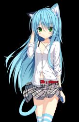 Rule 34 | 1girl, absurdres, animal ears, artist request, belt, blue hair, character request, copyright request, cowboy shot, digital media player, green eyes, highres, ipod, looking at viewer, navel, non-web source, shirt, short hair, socks, solo, striped clothes, striped socks, tail, transparent background
