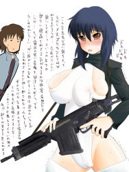 Rule 34 | 00s, 1boy, 1girl, :o, :|, = =, areola slip, battle rifle, black jacket, blue hair, blush, bouncing breasts, breasts, breasts apart, brown hair, bursting breasts, cameltoe, chibi, closed mouth, covered erect nipples, cowboy shot, crop top, cropped jacket, embarrassed, fn fal, ghost in the shell, ghost in the shell stand alone complex, groin, gun, halterneck, highleg, highleg leotard, highres, holding, holding gun, holding weapon, impossible clothes, impossible leotard, jacket, kusanagi motoko, large breasts, legs apart, leotard, looking at viewer, motion lines, mullet, nose blush, open clothes, open mouth, pussy juice, red eyes, rifle, see-through, short hair, short hair with long locks, sideboob, sidelocks, simple background, skin tight, skindentation, solo focus, standing, strap, sweat, thighhighs, thighs, togusa (gits), translation request, trembling, trigger discipline, turtleneck, weapon, white background, white leotard, white thighhighs