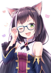 Rule 34 | 1girl, ;d, adjusting eyewear, animal ear fluff, animal ears, bare shoulders, bespectacled, black hair, blue-framed eyewear, blue sleeves, blush, breasts, cat ears, commentary request, detached sleeves, fang, fingernails, glasses, green eyes, hand up, head tilt, highres, karyl (princess connect!), long hair, long sleeves, looking at viewer, multicolored hair, one eye closed, open mouth, princess connect!, shirt, simple background, sleeveless, sleeveless shirt, small breasts, smile, solo, streaked hair, sweat, tomo (tmtm mf mf), upper body, very long hair, white background, white hair, white shirt, wide sleeves