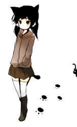 Rule 34 | 1girl, animal ears, bad id, bad pixiv id, black hair, boots, cat, cat ears, cat tail, hair ornament, hair scrunchie, jacket, knee boots, original, paw print, scrunchie, simple background, skirt, solo, tail, thighhighs, tsukiyo (skymint), white background