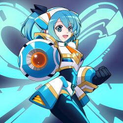 Rule 34 | 1girl, :d, android, arm cannon, armor, blue bodysuit, blue eyes, blue hair, bodysuit, clenched hand, cowboy shot, deniacp, highres, looking at viewer, mega man (series), mega man x (series), mega man x dive, official alternate costume, open mouth, rico (mega man), side ponytail, smile, solo, weapon