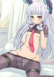 Rule 34 | 10s, 1girl, black pantyhose, blue hair, blush, breasts, clothes lift, clothes pull, crotch seam, gloves, groin, hair ribbon, hands on own chest, headgear, kantai collection, long hair, midriff, murakumo (kancolle), navel, necktie, orange eyes, panties, panties under pantyhose, pantyhose, pantyhose pull, ribbon, sata (sat), shirt lift, short eyebrows, silver hair, small breasts, solo, thighband pantyhose, underboob, underwear, yellow eyes