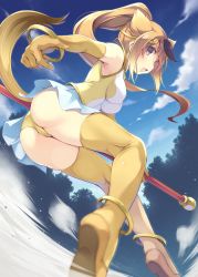 Rule 34 | 10s, 1girl, animal ears, ass, blue sky, bracelet, breasts, circlet, cloud, cloudy sky, day, dust, elbow gloves, gloves, golden snub-nosed monkey (kemono friends), high ponytail, highres, holding, holding staff, hoop, itoichi., jewelry, kemono friends, leotard, long hair, medium breasts, monkey ears, monkey tail, multicolored hair, open mouth, orange hair, outdoors, ponytail, sky, solo, staff, streaked hair, tail, thighhighs, yellow eyes, yellow gloves, yellow thighhighs