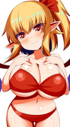 Rule 34 | 1girl, bikini, blonde hair, breasts, crystal, eyebrows, flandre scarlet, gero zoukin, highres, large breasts, medium hair, navel, one side up, oppai loli, pointy ears, red eyes, shortstack, simple background, solo, swimsuit, touhou, white background, wings