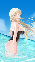 Rule 34 | 1girl, absurdres, asayoru, azur lane, bare shoulders, bismarck (azur lane), bismarck zwei (azur lane), bismarck zwei (crystal-clear holiday) (azur lane), black one-piece swimsuit, blonde hair, blue eyes, breasts, casual one-piece swimsuit, hair between eyes, highleg, highres, large breasts, long hair, looking at viewer, ocean, official alternate costume, one-piece swimsuit, partially submerged, solo, strapless, strapless one-piece swimsuit, swimsuit, very long hair