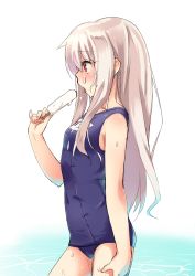 Rule 34 | blue one-piece swimsuit, blush, breasts, commentary request, dripping, fate/kaleid liner prisma illya, fate (series), food, highres, ice cream, illyasviel von einzbern, long hair, melting, mokoke, one-piece swimsuit, open mouth, platinum blonde hair, popsicle, red eyes, saliva, school swimsuit, simple background, small breasts, sweat, swimsuit, thigh grab, third-party source, tongue, tongue out