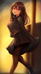 Rule 34 | 1girl, bad id, bad pixiv id, black footwear, black pantyhose, black serafuku, black shirt, black skirt, blurry, blurry background, blush, breasts, brown hair, commentary request, highres, large breasts, long hair, long sleeves, looking at viewer, open mouth, original, pantyhose, pleated skirt, ramchi, red eyes, school uniform, serafuku, shirt, shoes, skirt, smile, solo, uniform, yandere-chan (ramchi)