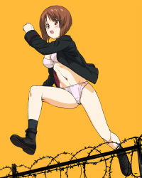 Rule 34 | 1girl, a1 (initial-g), ankle boots, barbed wire, black footwear, black jacket, black socks, boots, bra, brown eyes, brown hair, chain-link fence, commentary, crotch seam, fence, girls und panzer, jacket, jumping, kuromorimine military uniform, long sleeves, military, military uniform, navel, nishizumi miho, no pants, ooarai school uniform, open mouth, orange background, panties, school uniform, short hair, simple background, smile, socks, solo, underwear, uniform, white bra, white panties