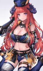 Rule 34 | 1girl, arknights, bagpipe (arknights), bagpipe (queen no. 1) (arknights), bare shoulders, blush, breasts, closed mouth, crop top, hat, highres, horns, long hair, navel, official alternate costume, orange hair, purple eyes, shorts, snm (sunimi), solo, thighhighs
