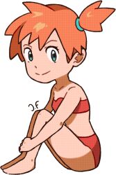Rule 34 | 1girl, artist request, ass, barefoot, bikini, blush, blush stickers, breasts, closed mouth, creatures (company), ears, eyelashes, feet, female focus, flower, full body, game freak, gen 1 pokemon, green eyes, hands up, holding, holding poke ball, legs, looking at viewer, misty (pokemon), navel, nintendo, no headwear, no pants, no shoes, no socks, orange hair, poke ball, poke ball (basic), pokemon, pokemon (creature), pokemon rgby, red bikini, short hair, side ponytail, simple background, small breasts, smile, source request, squatting, strapless, strapless bikini, swimsuit, thighs, toes, water, white background