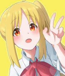 Rule 34 | 1girl, 46 crt, absurdres, ahoge, blonde hair, blush, bocchi the rock!, bow, bowtie, collared shirt, commentary request, highres, ijichi nijika, long hair, looking at viewer, open mouth, portrait, red bow, red bowtie, red eyes, school uniform, shimokitazawa high school uniform, shirt, side ponytail, sidelocks, simple background, sleeves rolled up, smile, solo, v, very long hair, white shirt, yellow background