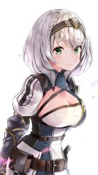Rule 34 | 1girl, belt, belt pouch, blush, braid, breasts, chest guard, chest strap, cleavage, cleavage cutout, closed mouth, clothing cutout, cowboy shot, french braid, green eyes, hairband, highres, hololive, large breasts, looking at viewer, pouch, shirogane noel, shirogane noel (1st costume), short hair, silver hair, simple background, smile, solo, vambraces, virtual youtuber, white background, yuyaiyaui