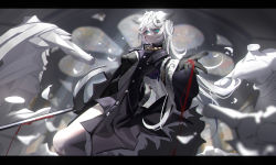 Rule 34 | 1girl, absurdres, animal ears, arknights, black bow, black gloves, blood, blood on face, blood on hands, bloody weapon, blue eyes, blurry, blurry background, blurry foreground, bow, closed mouth, commentary, gloves, hair between eyes, hair bow, highres, ifi (1158029887), katana, lappland (arknights), lappland (refined horrormare) (arknights), letterboxed, long hair, looking at viewer, official alternate costume, outstretched arm, smile, solo, sword, thighs, weapon, white hair