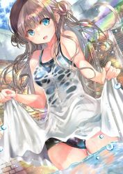 Rule 34 | 1girl, absurdres, bare arms, bare shoulders, blue eyes, blush, breasts, dress, highres, long hair, looking at viewer, medium breasts, ogata tei, original, school swimsuit, smile, solo, swimsuit, swimsuit under clothes, thigh gap, thighs, water drop, wet, wet clothes, wet dress, wet hair, wet swimsuit