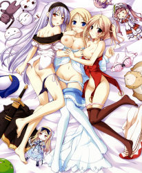 Rule 34 | 3girls, :3, absurdres, agnes boulange, ahoge, ass, avril (shukufuku no campanella), barefoot, bed, black panties, blonde hair, blue eyes, blush, bow, bow bra, bra, unworn bra, breasts, carina verritti, cat, character doll, chelsea arcot, doll, earrings, feet, groin, hair ornament, hairband, hairclip, highres, jewelry, ko~cha, large breasts, legs, light purple hair, lowleg, lying, medium breasts, minette, multiple girls, nipples, no bra, on back, on side, orange eyes, panties, panty pull, pantyhose, pink panties, plaid, plaid bra, purple eyes, purple panties, salsa tortilla, shukufuku no campanella, side-tie panties, stuffed animal, stuffed toy, sword, thighhighs, twintails, underwear, undressing, untied panties, weapon, white panties, white thighhighs, yuri