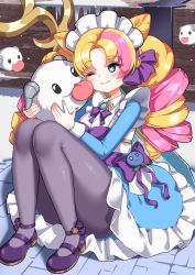 Rule 34 | 1girl, ankle strap, apron, blonde hair, blue eyes, blue sleeves, bow, braid, closed mouth, commentary, dress, forehead, frilled dress, frills, full body, gwen (league of legends), hair bow, hair ornament, highres, holding, horns, ine (ineinnen), knees together feet apart, league of legends, long hair, long sleeves, looking at another, maid, maid apron, maid headdress, mary janes, official alternate costume, official alternate hairstyle, one eye closed, outdoors, pantyhose, pink hair, poro (league of legends), purple bow, purple footwear, purple pantyhose, scissors, shadow, shoes, sitting, smile, solo, symbol-shaped pupils, thighs, tongue, tongue out, twin braids, weapon, weapon on back