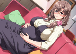 Rule 34 | 1girl, blush, boku wa tomodachi no okaa-san wo haramasetai 2, breasts, brown hair, chair, couch, cushion, eyebrows hidden by hair, female focus, hands on own stomach, highres, hokkyoku hotaru, indoors, large breasts, legs, long hair, looking at viewer, mature female, mole, mole under mouth, open mouth, original, pregnant, sitting, smile, solo, sweater, table, thighs, turtleneck, turtleneck sweater, yellow eyes