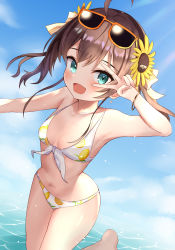Rule 34 | 1girl, :d, aqua eyes, bare legs, bikini, blush, bracelet, breasts, brown hair, cleavage, commentary, day, earrings, eyewear on head, flower, front-tie bikini top, front-tie top, hair flower, hair ornament, hair ribbon, highres, hololive, jewelry, lemon print, looking at viewer, natsuiro matsuri, natsuiro matsuri (summer 2020), navel, ocean, open mouth, outdoors, ribbon, saki (saki paint), side ponytail, sidelocks, small breasts, smile, solo, standing, standing on one leg, stomach, sunflower, sunglasses, sunlight, swimsuit, v, virtual youtuber, water