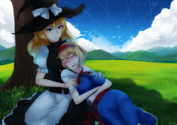 2girls alice_margatroid blonde_hair blue_eyes blush breasts female_focus grabbing_another&#039;s_breast groping hairband hat highres kirisame_marisa large_breasts multiple_girls short_hair sleeping smile swordwaltz touhou yuri