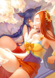 Rule 34 | 2girls, ahri (league of legends), alternate costume, animal ears, bare shoulders, blue hair, bow, braid, breasts, chromatic aberration, cleavage, closed eyes, closed mouth, eyelashes, feng dai hr, flower, fox ears, fox tail, hair flower, hair ornament, half-closed eyes, large breasts, league of legends, leaning back, leona (league of legends), long hair, multiple girls, multiple tails, nail polish, orange hair, pink lips, pool party leona, purple nails, red lips, sitting, sleeveless, slit pupils, smile, swimsuit, tail, very long hair, whiskers, yellow bow, yuri