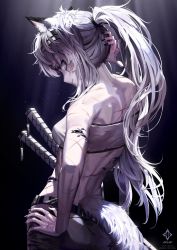 Rule 34 | 1girl, a0lp, animal ear fluff, animal ears, arknights, belt, black nails, black shorts, grey eyes, highres, katana, lappland (arknights), long hair, looking at viewer, material growth, nail polish, originium (arknights), oripathy lesion (arknights), scar, scar across eye, scar on face, shorts, solo, standing, strapless, sword, tail, tube top, weapon, wolf ears, wolf tail