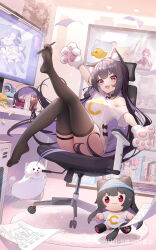 1girl absurdres animal_ear_fluff animal_ears animal_hands bedroom black_hair black_pantyhose black_thighhighs breasts cat_ears cat_girl chair computer covered_erect_nipples dog doll dutch_angle foot_up full_body gloves highres holding_with_feet indoors long_hair looking_at_viewer monitor office_chair open_mouth original pantyhose paw_gloves red_eyes shebaotower shirt single_bare_shoulder smile soles swivel_chair t-shirt thick_thighs thigh_strap thighhighs thighs very_long_hair